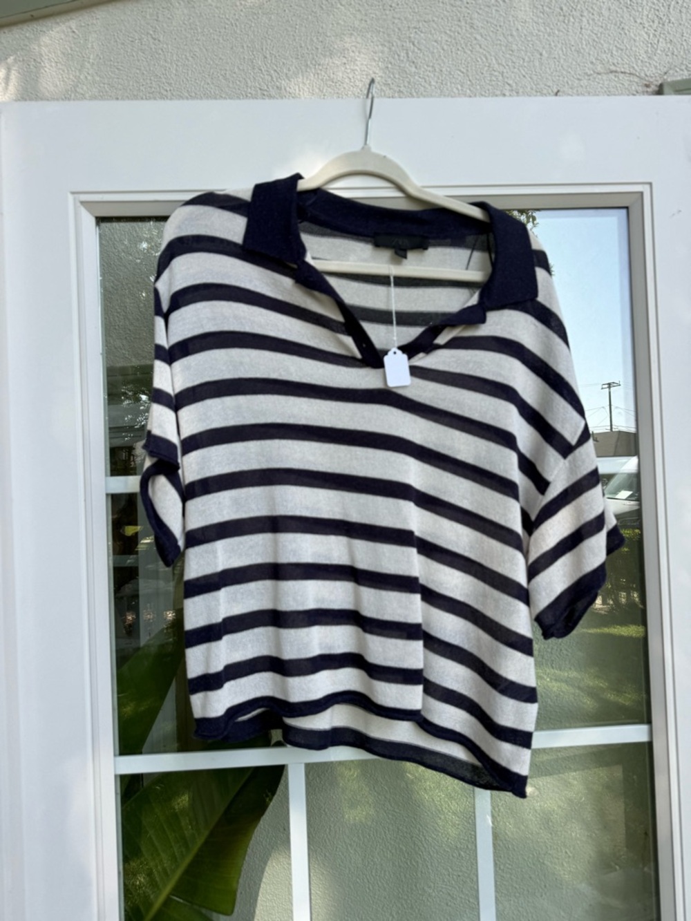 Striped Navy and White Short-Sleeve Polo Top